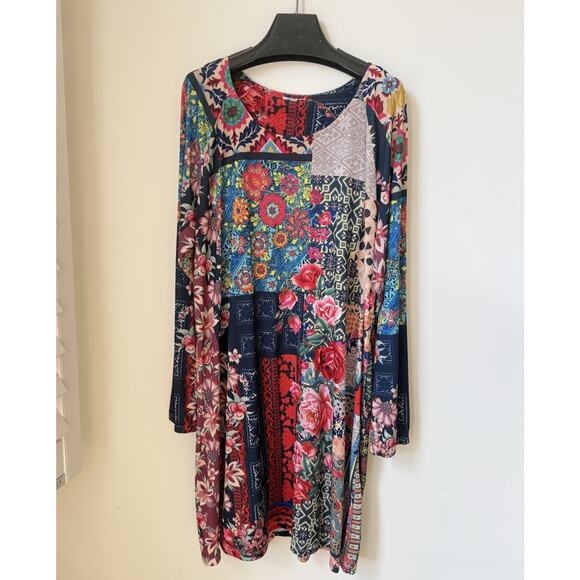 Johnny Was Verdell Patchwork Floral Festival Boho Shift Dress XL Scoop Neck - Picture 2 of 9